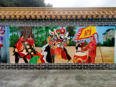 传统舞狮表演文化墙设计彩绘